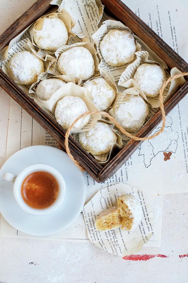 Walnut Cookies Covered In Icing Sugar And Served With An Espresso Photograph by Irina Meliukh
