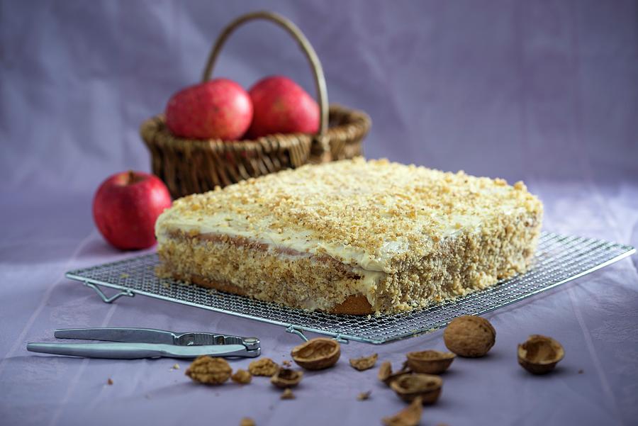 Walnut Spelt Cake Filled With Vanilla Cream And Stewed Apples vegan Photograph by Kati Neudert
