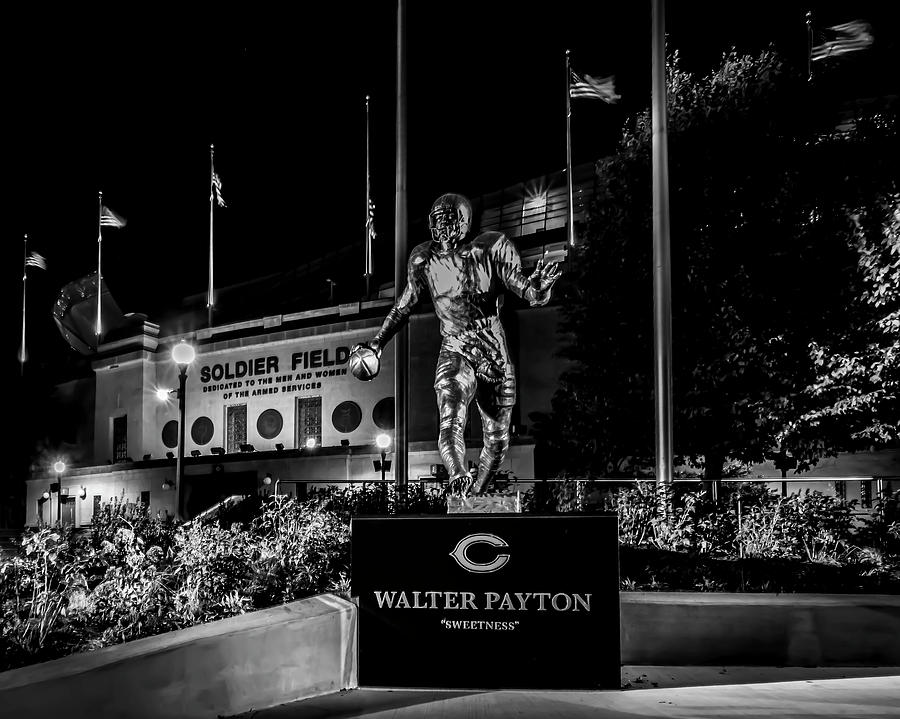 Walter Payton Statute At Night Photograph
