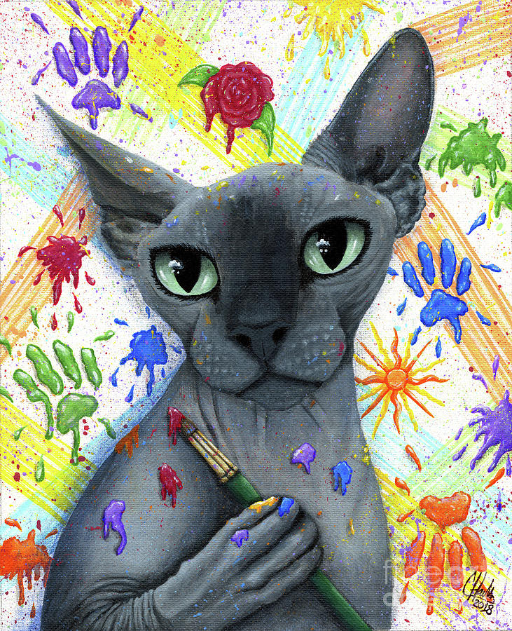 Walter The Artist - Sphynx Cat Painting by Carrie Hawks