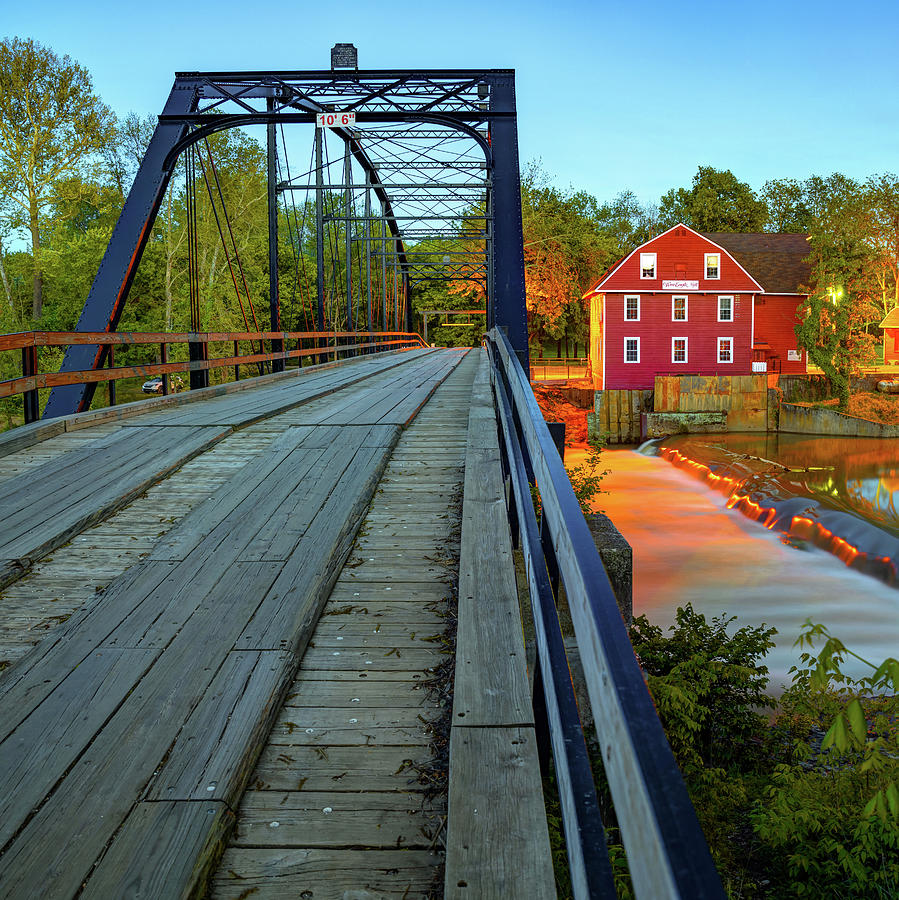 America Photograph - War Eagle Mill and Bridge at Dusk 1x1 by Gregory Ballos
