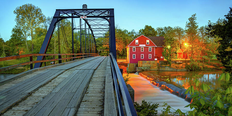 America Photograph - War Eagle Mill and Bridge Dusk Panorama by Gregory Ballos