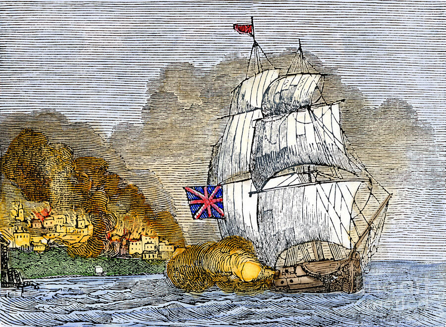 War Of 1812 (second War Of Independence) British Royal Navy Artillery Bombed Fort Mchenry And Baltimore On The Shore Of Chesapeake Bay (maryland) In 1814 Coloured Water, 19th Century Drawing by American School