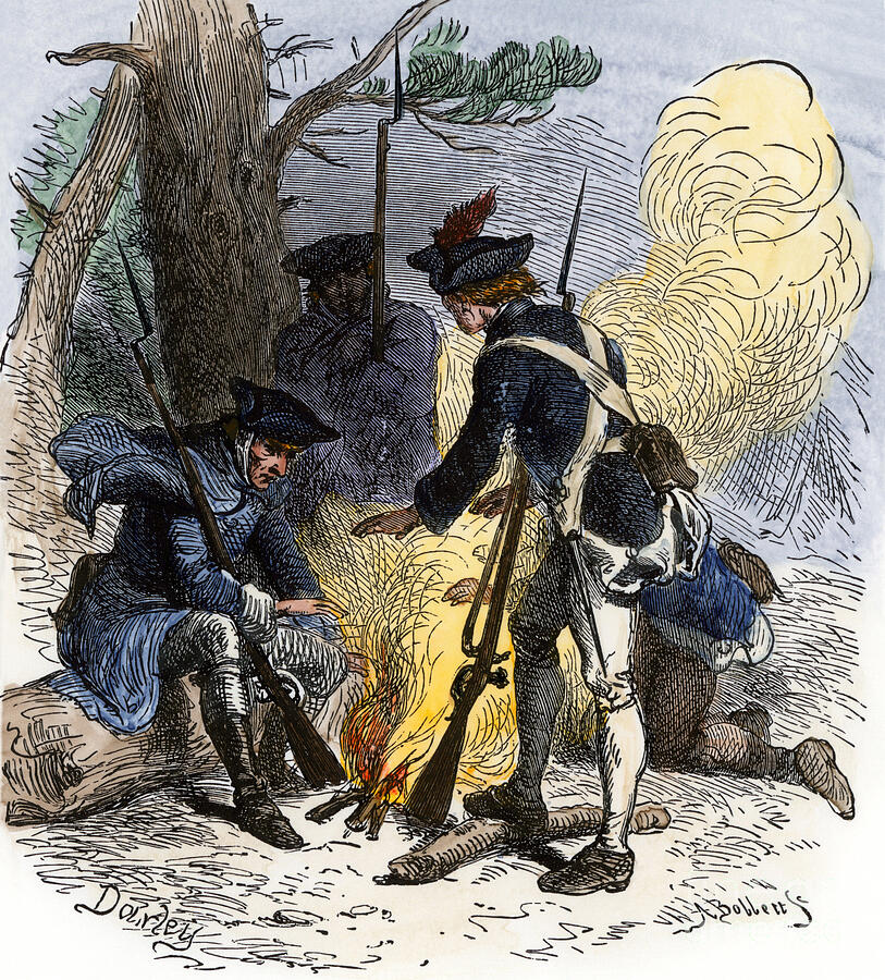 War Of Independence Or American Revolution (1775-1783) Tired American Soldiers Gather To Heat Themselves Around A Campfire In Valley Forge (pennsylvania) Coloured Water, 19th Century Drawing by American School