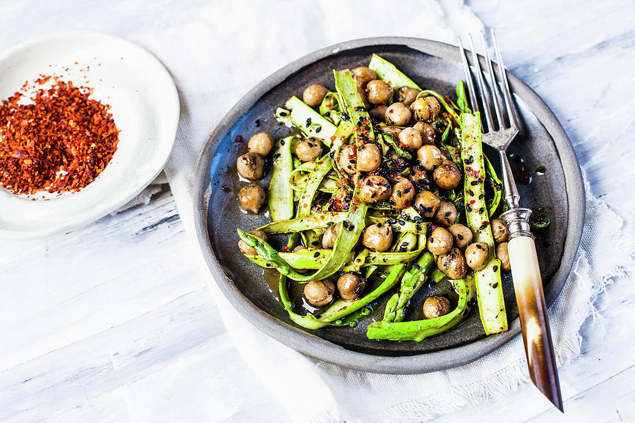 Warm Chickpea Salad With Green Asparagus And Chilli Flakes Photograph by Susan Brooks-dammann