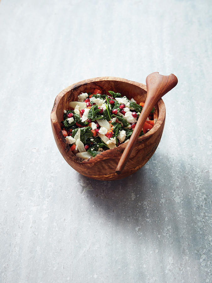 Warm Kale Salad With Root Vegetables, Feta Cheese And Pomegranate Photograph by Tre Torri
