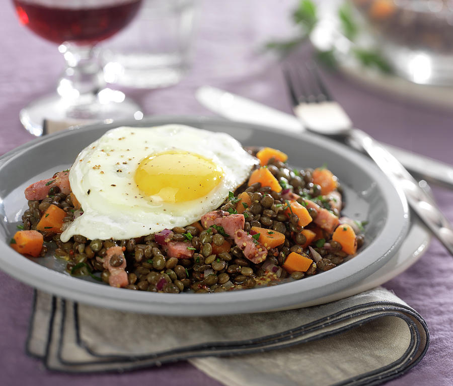 Warm Lentil And Mustard Salad With A Fried Egg Photograph by Bertram