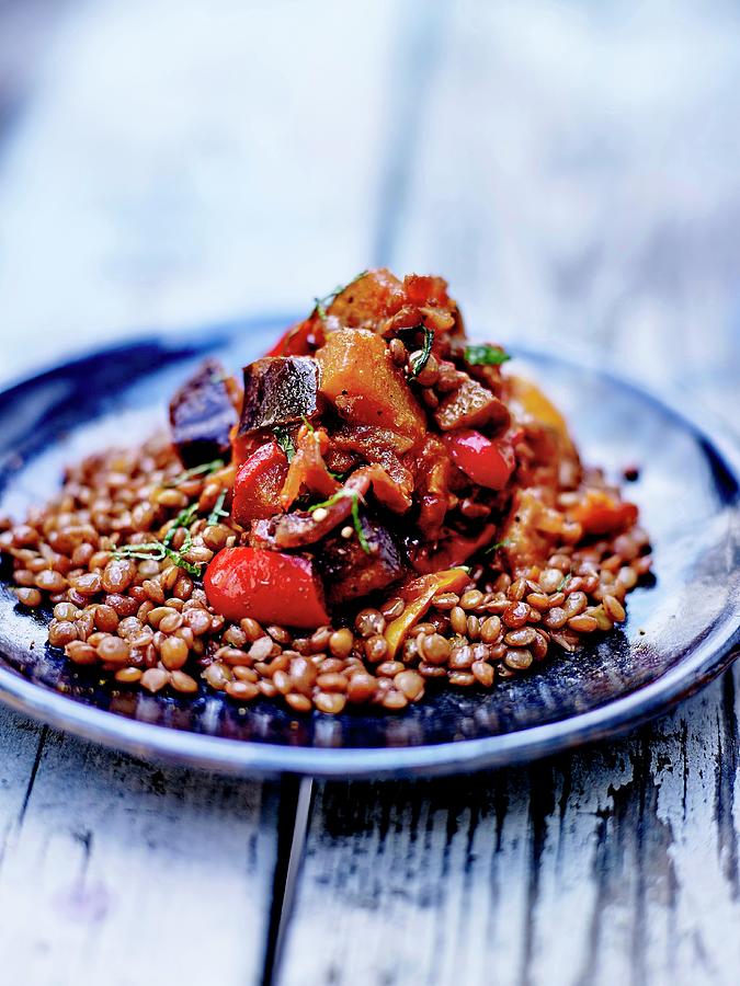 Warm Lentil Salad With Stewed Red Peppers And Aubergines Photograph by Amiel