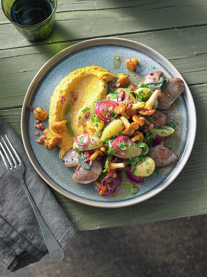 Warm Potato Salad On Lentil Cream With Fried Chanterelle Mushrooms And Rabbit Liver Photograph by Jan-peter Westermann