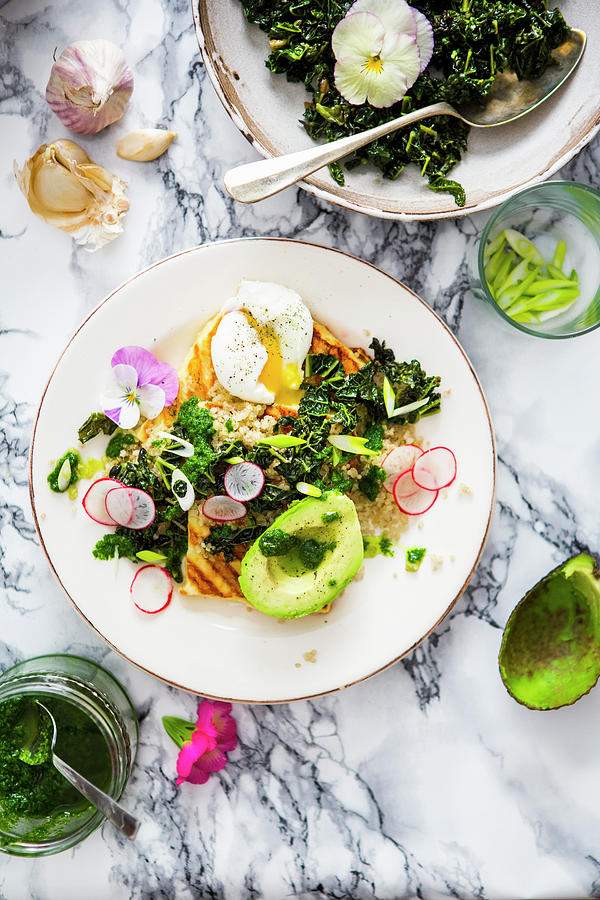 Warm Salad With Quinoa, Cabbage, Avocado And Poached Egg Photograph by Sandra Krimshandl-tauscher