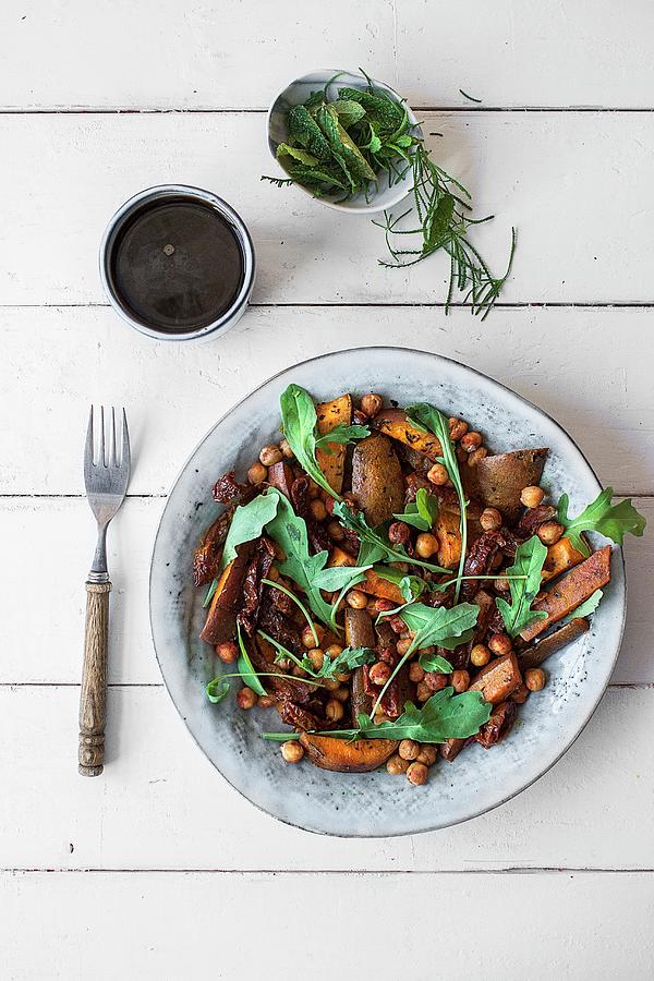 Warm Sweet Potato Salad With Rocket And Chickpeas seen From Above Photograph by Freiknuspern