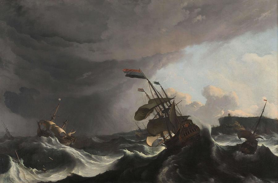 Warships in a Heavy Storm. Warships in a Heavy Squall. Painting by Ludolf Bakhuysen -mentioned on object-