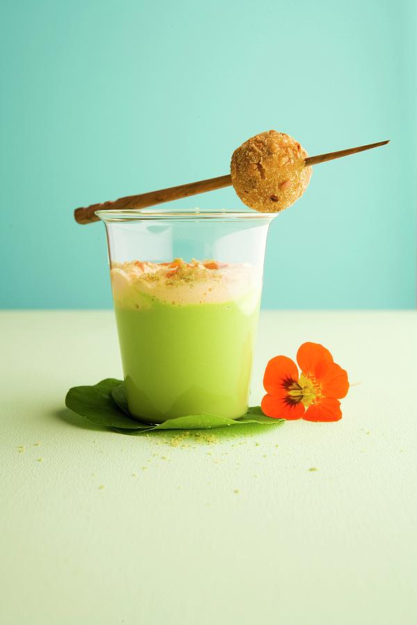 Wasabi Soup With Peas, Carrot Foam And A Squid Rice Ball Photograph by Michael Wissing