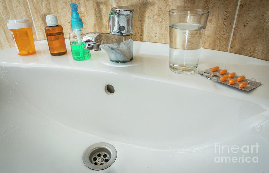 Bottle Photograph - Washbasin With Medicines by Digicomphoto/science Photo Library