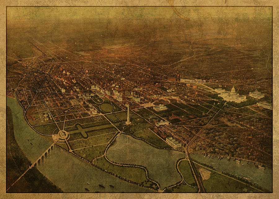 Vintage Mixed Media - Washington DC District of Columbia Vintage City Street Map Birds Eye View 1916 by Design Turnpike