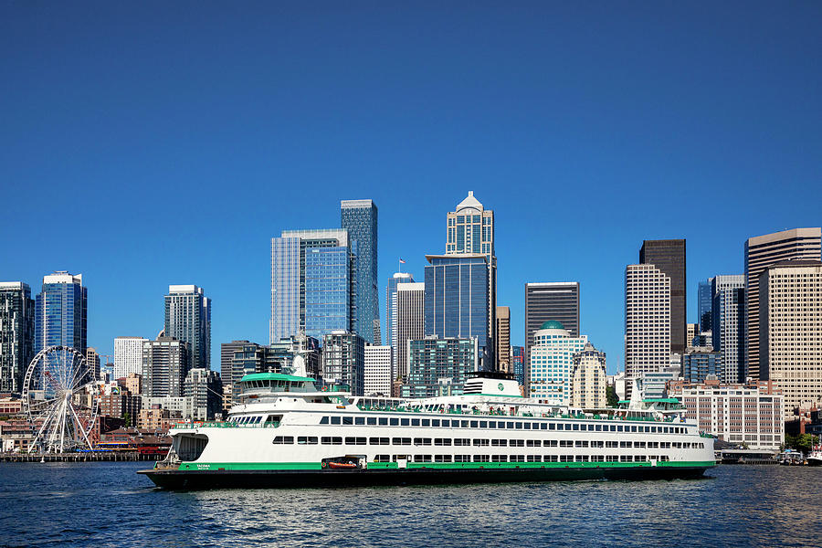 City Digital Art - Washington State, Seattle, Seattle Great Wheel Over Elliott Bay With Skyline, Ferry Boat by Maria Consorti