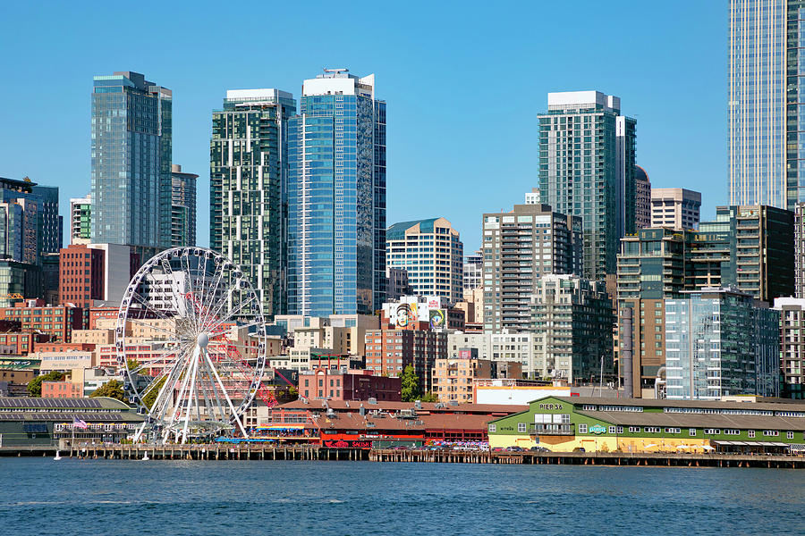 Seattle Digital Art - Washington State, Seattle, Seattle Great Wheel Over Elliott Bay With Skyline. by Maria Consorti