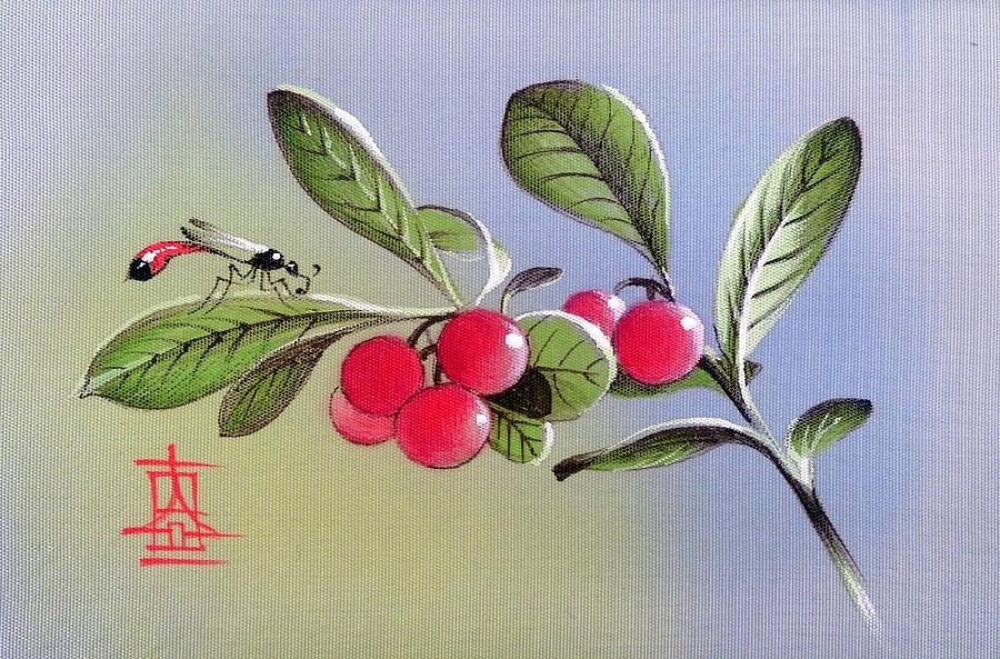 Wasp on Berry Branch Painting by Alina Oseeva