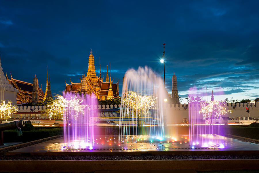 Architecture Photograph - Wat Phra Kaew With Colorful Fountain by Prasit Rodphan