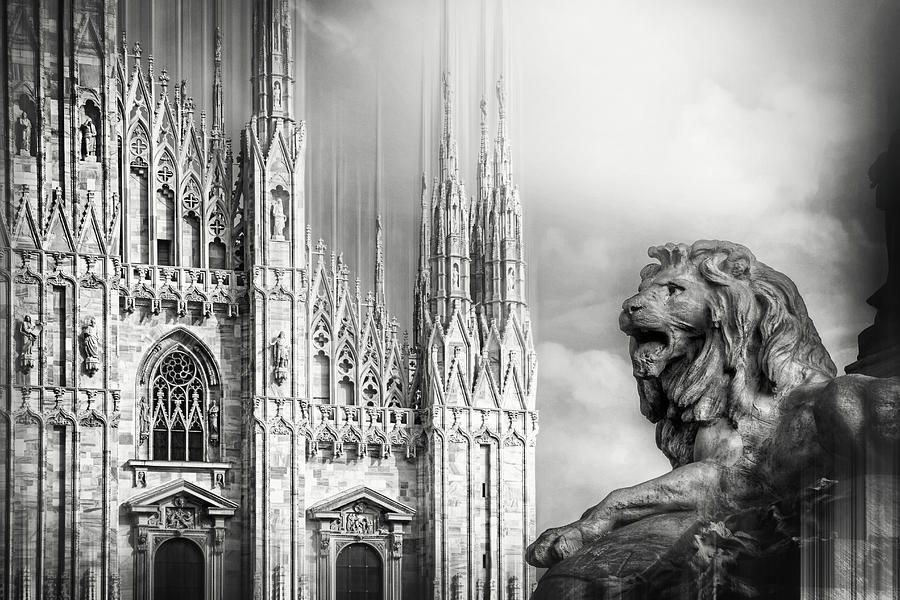 Watching Over The Duomo Milan Italy Black and White Photograph by Carol Japp