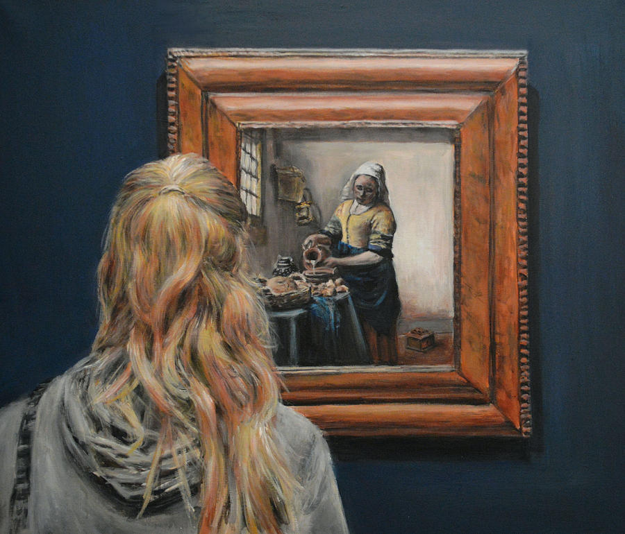 Watching Vermeer Milkmaid Painting by Escha Van den bogerd