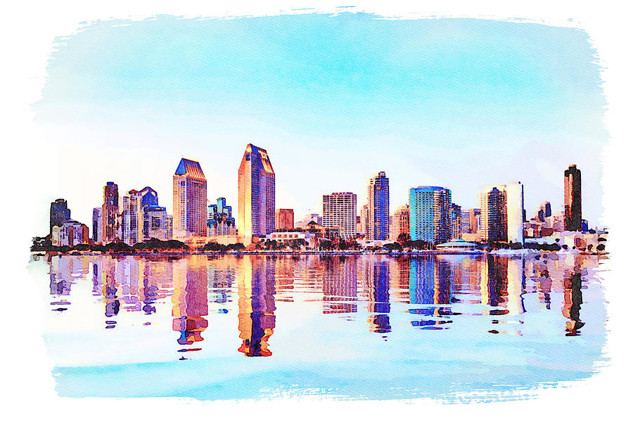 Water color of San Diego Skyline at sunset Photograph by Steven Heap
