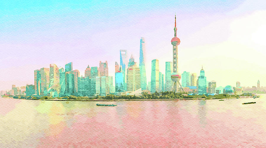 Water color of skyline of the city of Shanghai at sunset Digital Art by Steven Heap