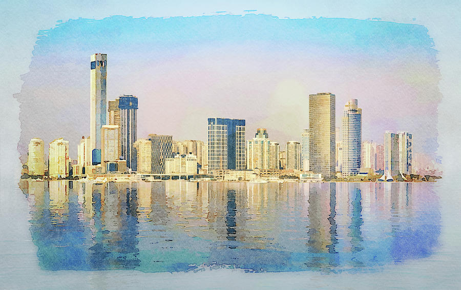 Water color of skyline of the city of Xiamen with reflections Digital Art by Steven Heap