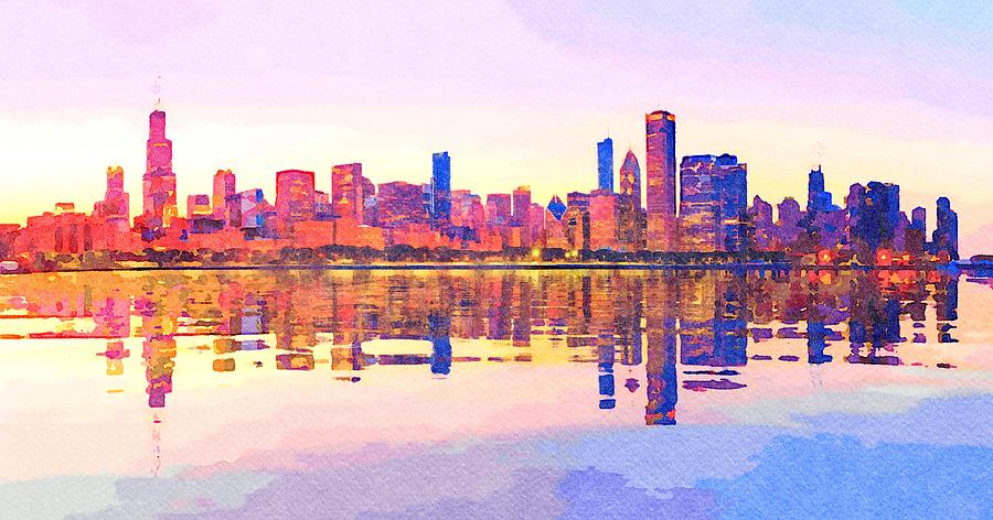 Water color of sunset over city skyline Chicago from Observatory Digital Art by Steven Heap