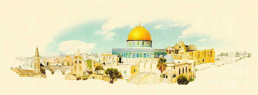 Gouache Digital Art - Water Color Panoramic Jerusalem by Trentemoller Gouache Digital Art - Water Color Panoramic Jerusalem by Trentemoller