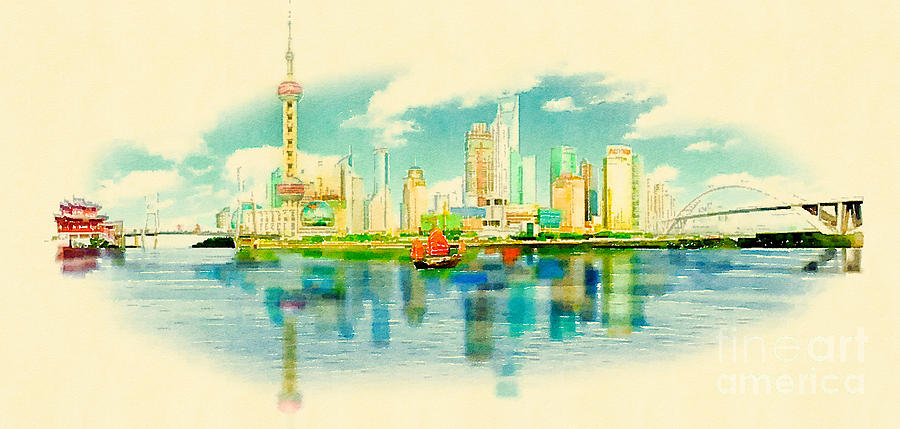 Gouache Digital Art - Water Color Panoramic Shanghai by Trentemoller