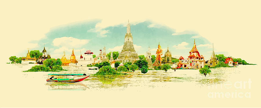 Color Digital Art - Water Color Vector Panoramic Bangkok by Trentemoller