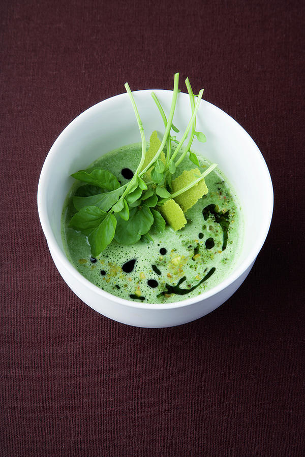 Water Cress And All Spice Soup With Pistachio Gremolata Photograph by Michael Wissing
