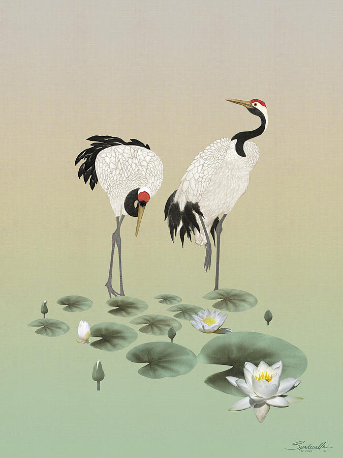 Water Lilies And Cranes Digital Art by M Spadecaller