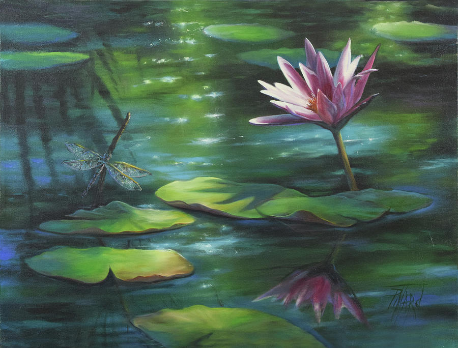 Dragonfly and Waterlily Painting by Lynne Pittard