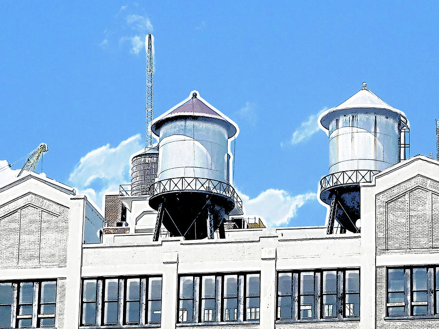 Water tanks on the roof of a building in New York City Painting by Jeelan Clark