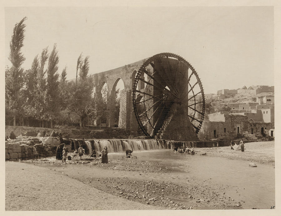Water Wheel on Orontes River in Syria with Roman Aquaduct Painting by 
