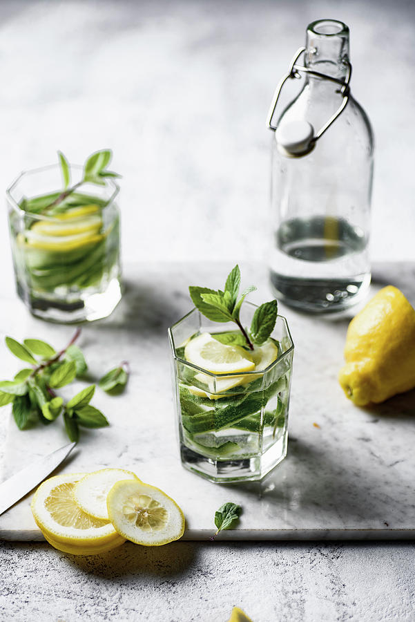 Water With Cucumber, Mint And Leamon Photograph by Mateusz Siuta