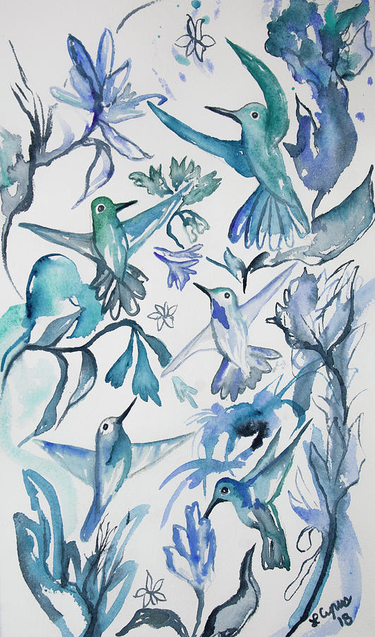 Watercolor - Aqua and Blue Hummingbird Design Painting by Cascade Colors