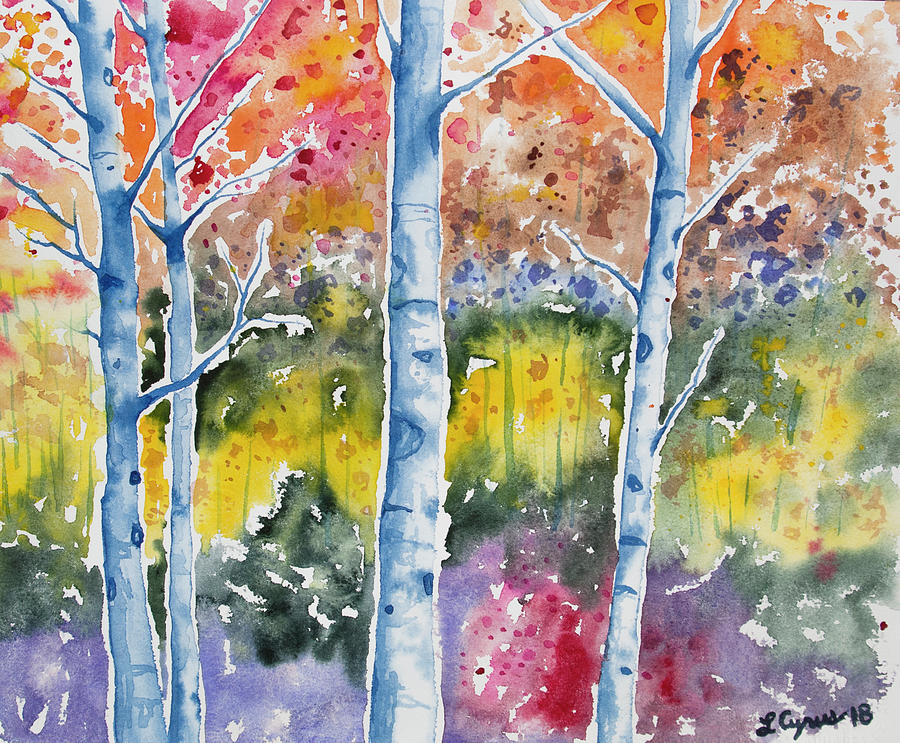 Watercolor - Aspen with Autumn Glow Painting by Cascade Colors