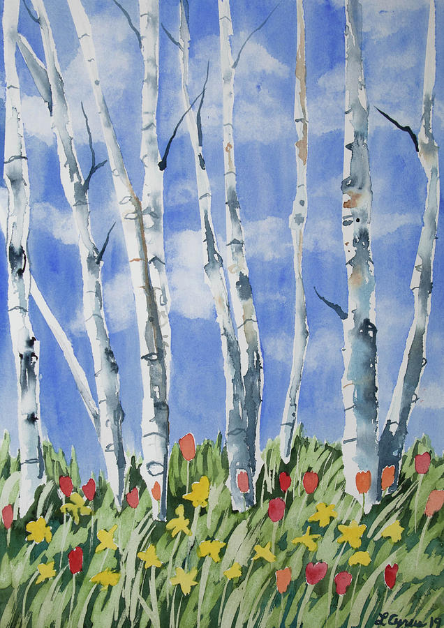 Watercolor - Birch With Tulip And Daffodil Painting