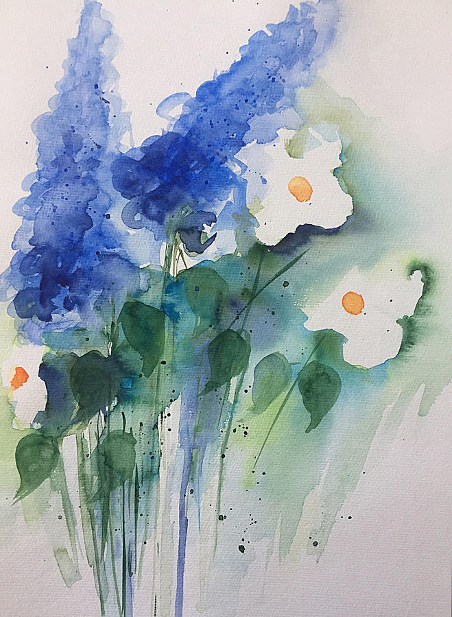 Watercolor Blue Flowers On The Meadow Painting by Britta Zehm