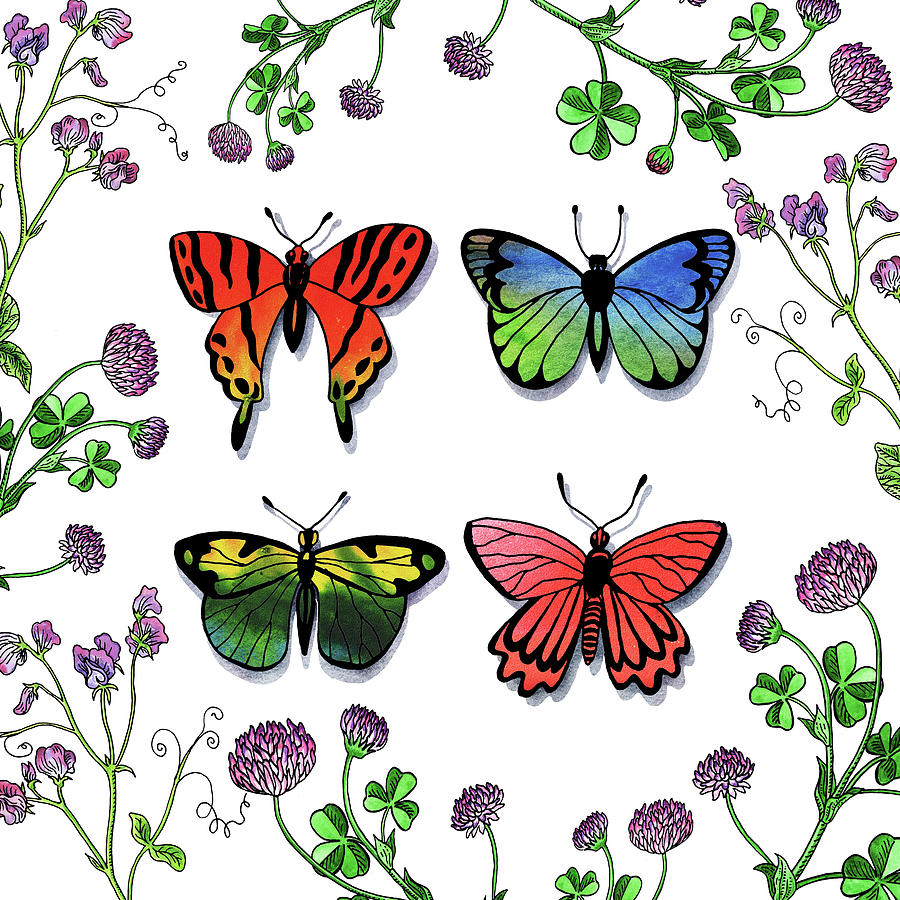 Watercolor Butterflies And Wildflowers Collection Painting by Irina Sztukowski