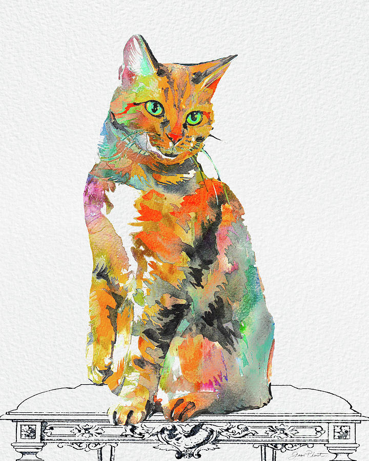 Watercolor Cat on Table A Painting by Jean Plout
