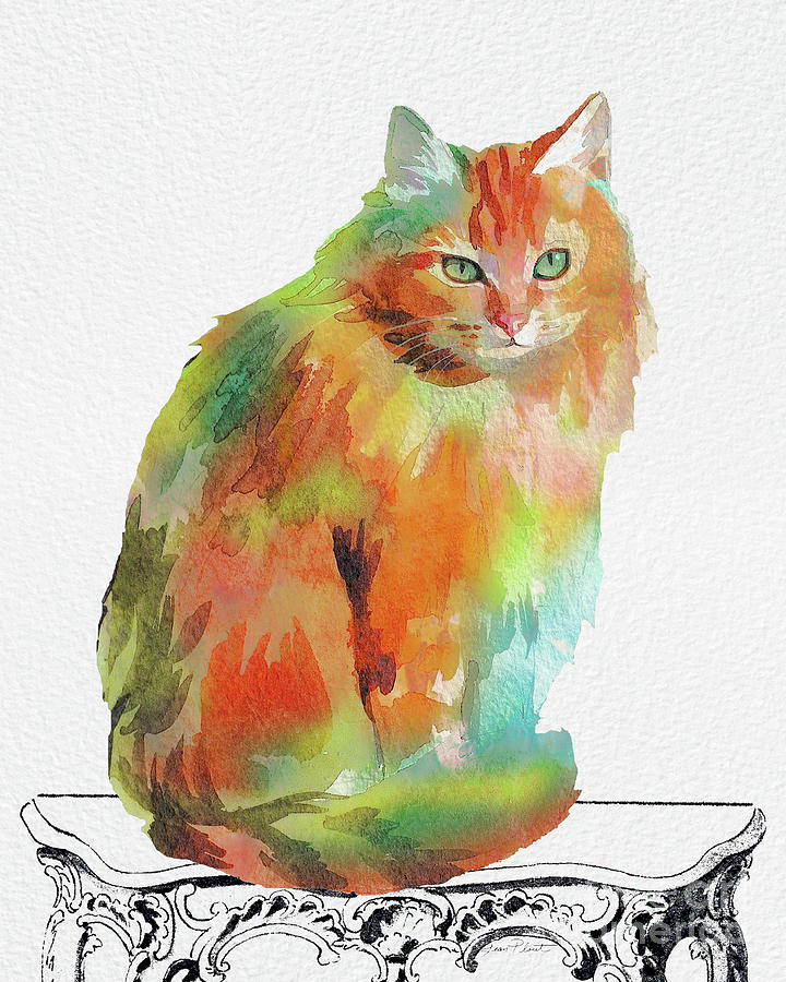 Watercolor Cat on Table F Painting by Jean Plout