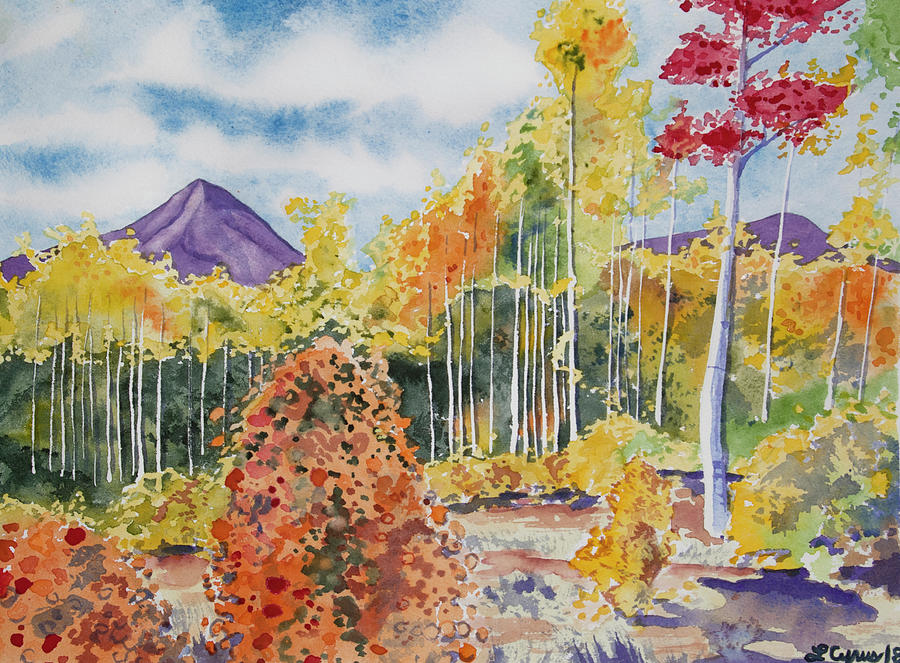 Watercolor - Colorado Aspen and Mountain Autumn Landscape Painting by Cascade Colors