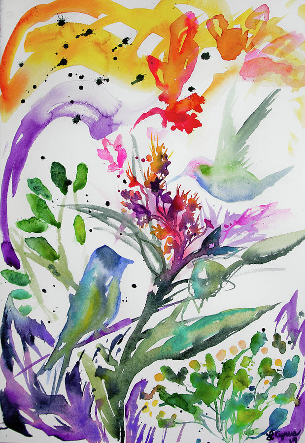 Watercolor -Colorful Bird and Plant Abstract Painting by Cascade Colors