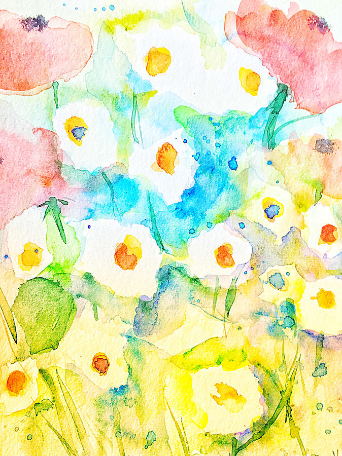 Watercolor Colourful Summer Meadow Painting by Britta Zehm