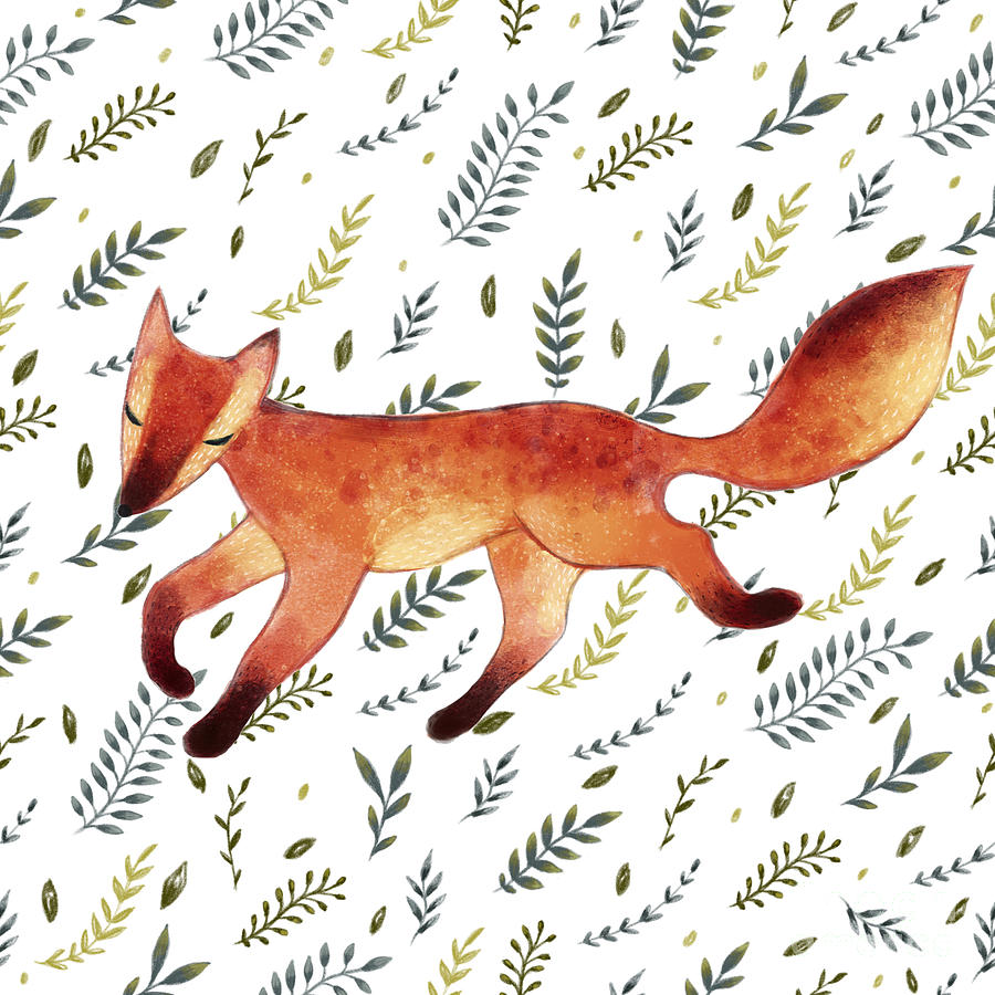Forest Digital Art - Watercolor Cute Running Fox With Green by Maria Sem Forest Digital Art - Watercolor Cute Running Fox With Green by Maria Sem
