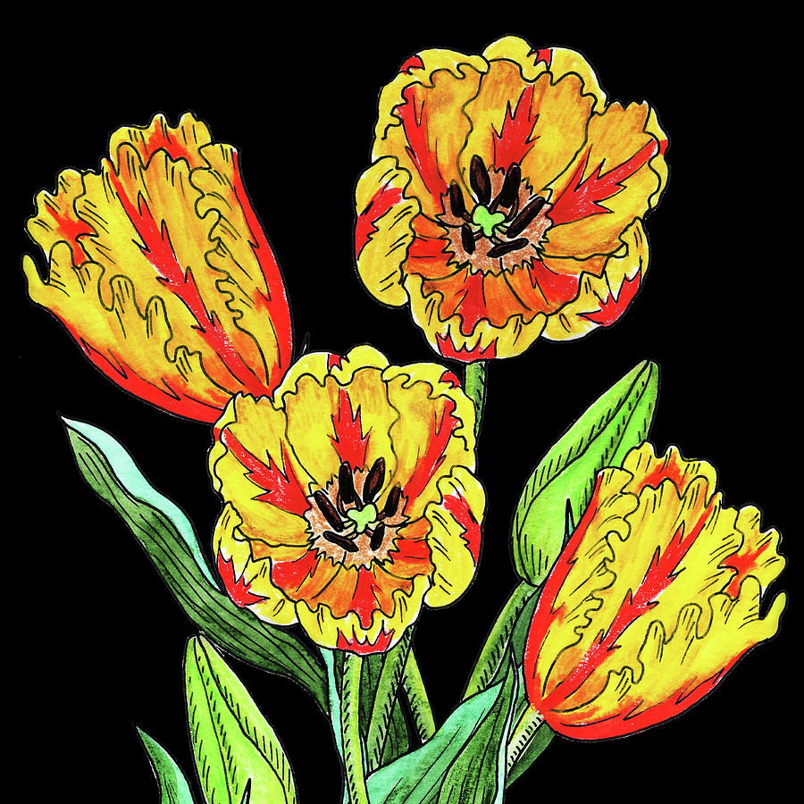 Watercolor Flowers Yellow Parrot Tulip Painting by Irina Sztukowski